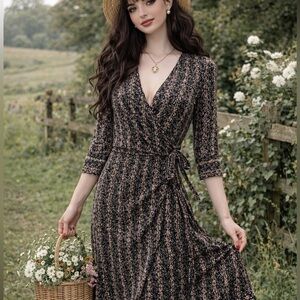 RUBY Black Pink Cottagecore Fairy Faux Wrap Cinched Midi Dress Size M